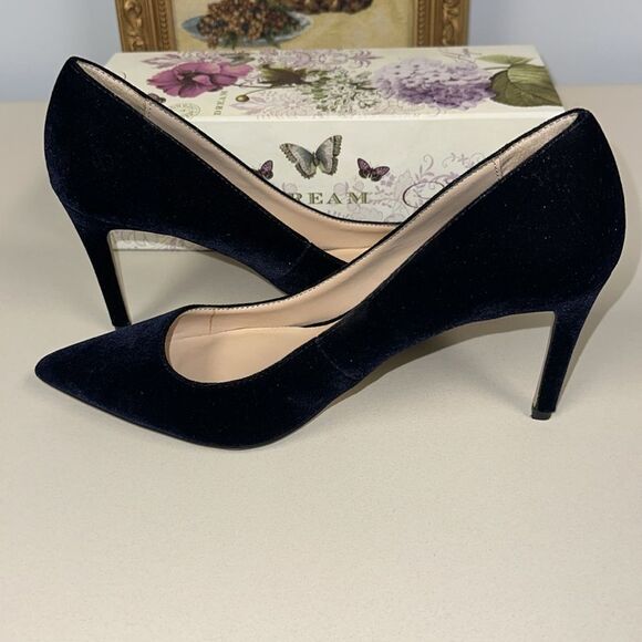 Mango 8-8.5 Midnight Navy Blue Velvet Pumps Stilettos Pointy Toe Heels - Picture 5 of 12